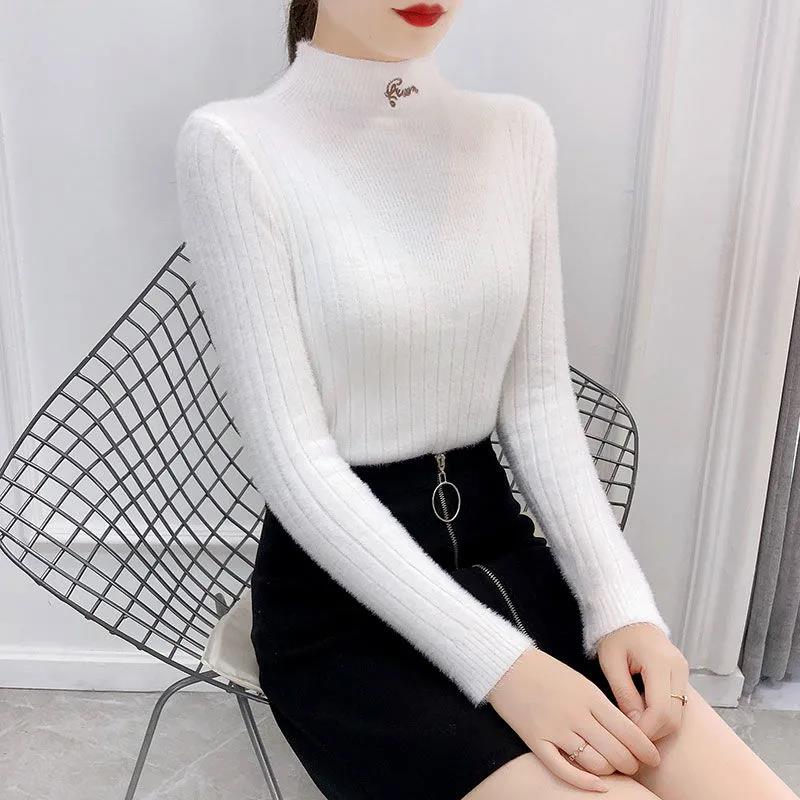 Mink Fleece Sweater Women's Solid Color Letter Embroidered Sweater Cropped Half Turtleneck Bottoming Shirt