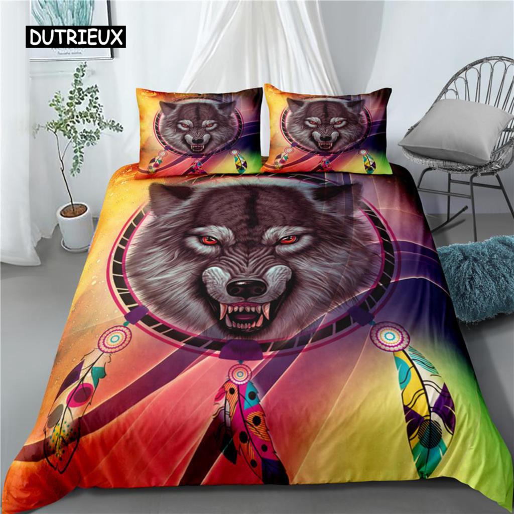 Bettbezug-Set mit Traumfänger-Tiermotiv, weißer Wolf, lila Federn, Mikrofaser, 2/3-teilig, Bettbezug für Kinder, Teenager, Erwachsene