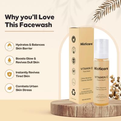 MistiCare Vitamin C Face Wash for Glowing Skin | Gentle Deep Cleanser with Vitamin C & Ayurvedic Botanicals | Removes Dirt, Oil & Impurities | Sui