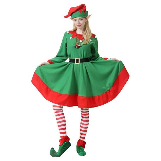 8 Pcs Women Christmas Elf Costume Set Green Xmas Dress Festive Outfit with Elf Ears Hat Shoes Belt Striped Socks