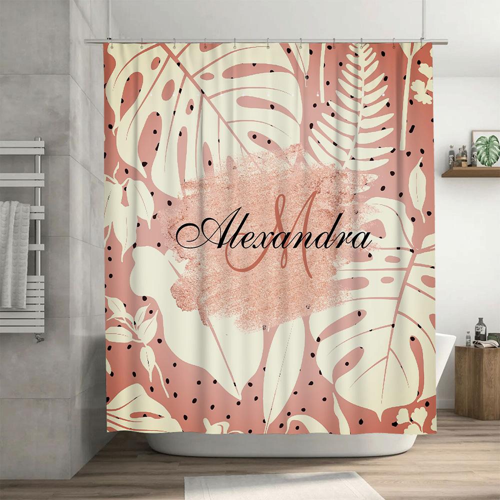 Monochrome Palm Print Shower Curtain Name Bath Decor For Home Bathroom Pink White Colorful Leaf Design Modern Style