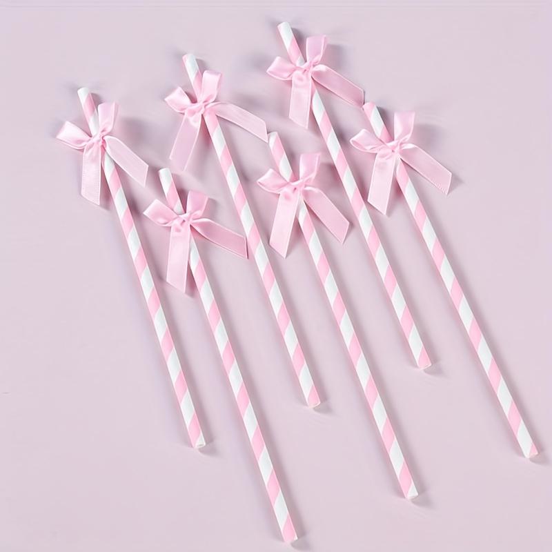 10pcs Pink Striped Bow Paper Straws, Disposable Drinking Straws for Birthday, Wedding, Baby Shower Party Decorations