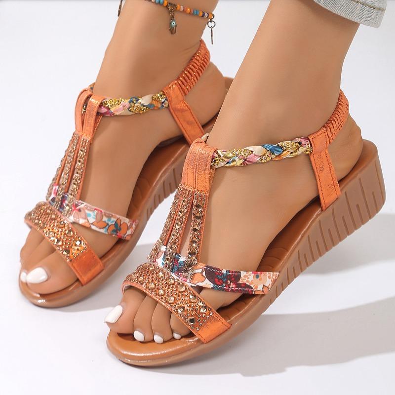 Women's Plus Size Peep Toe Wedge Sandals, Bohemian Elastic Strap Rhinestone Casual Daily Footwear