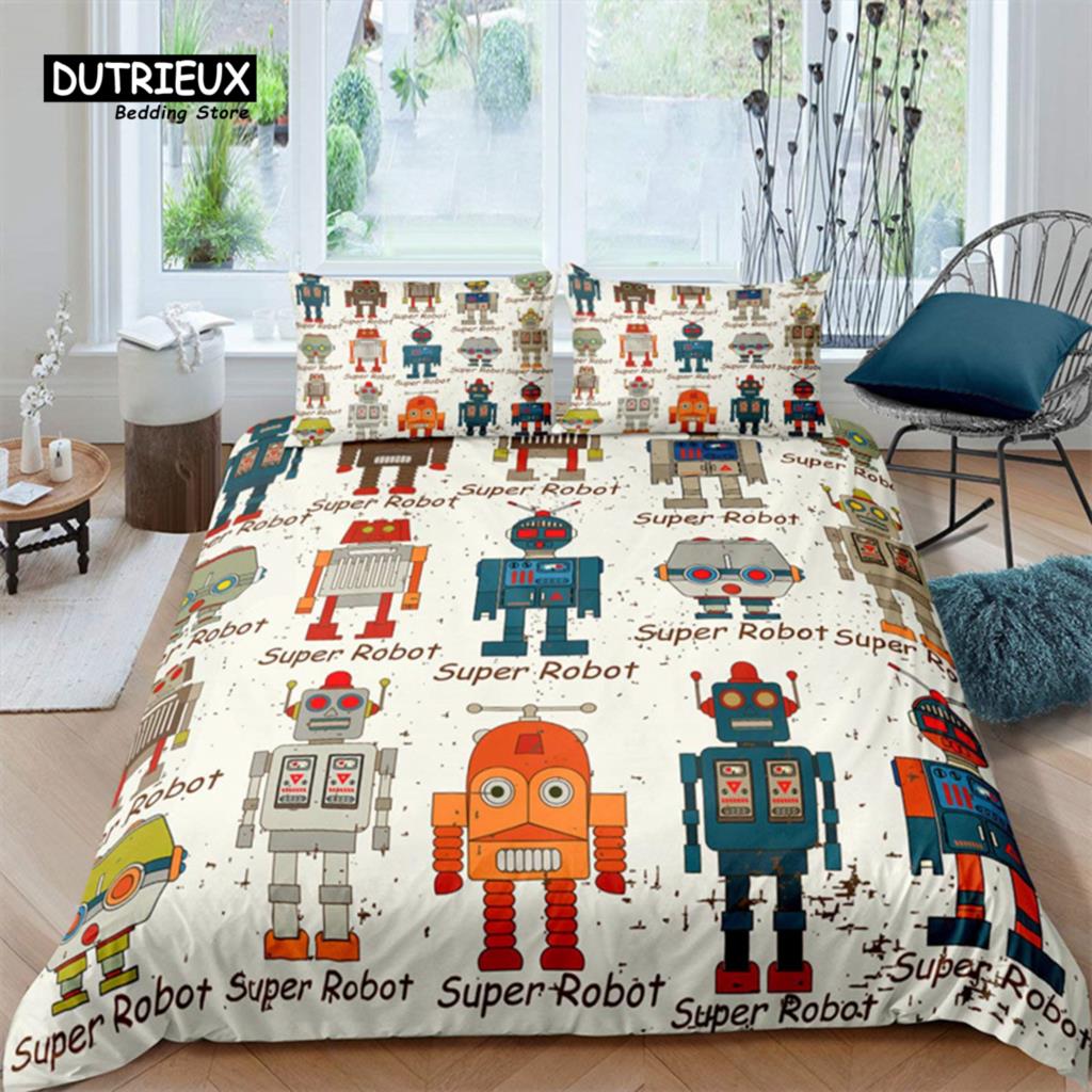 Robot Duvet Cover Set Cartoon Space Robot Bedding Set Patchwork Transformer Futuristic Machine Comforter Cover Twin Full For Boy