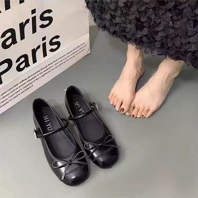 Einfarbige Mary Jane Schuhe mit flachem Boden und Rock, Ein-Knopf-Verschluss, Sommer 2025 neu, Französisch, leichte Öffnung, Schleife, Einzelne Schuhe für Damen