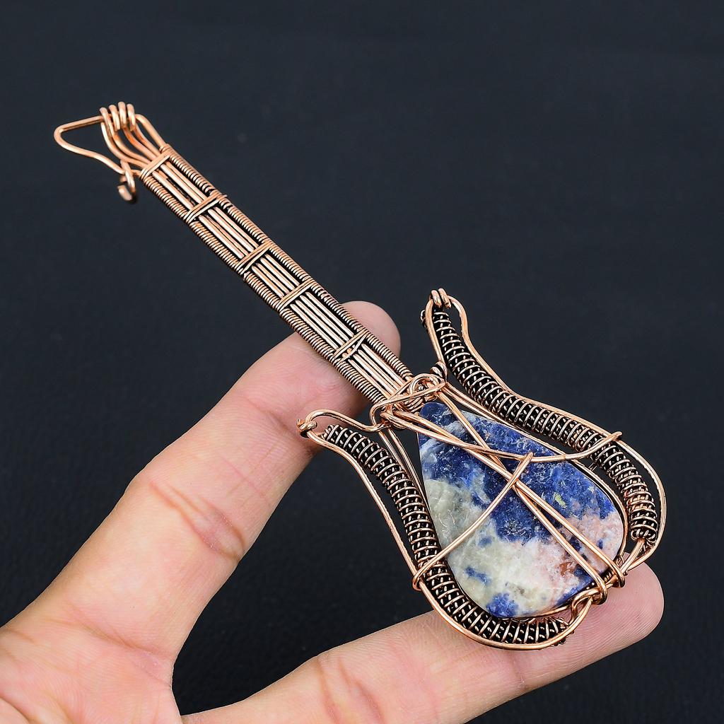 Natural Sodalite Gemstone Handmade Copper Wire Wrap Guitar Pendant 4.53 s6U81