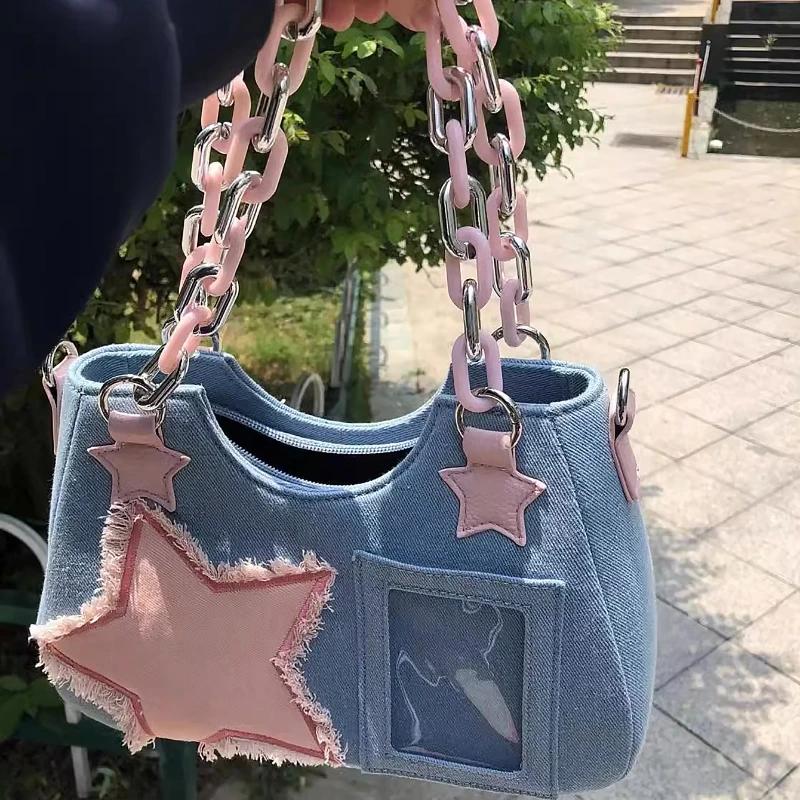 Korean Fashion Shoulder Underarm Harajuku Star Tote Denim Bag Chain Ladies Bags Zip Purses Handbags Women 2023 Luxury Square Bag