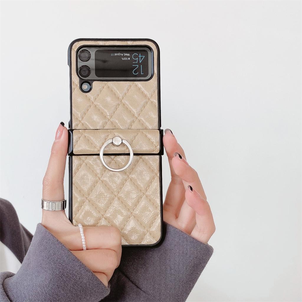 Luksus Rhombus Skinn Glitter Ring Brakett Veske til Samsung Galaxy Z Flip 3 4 5G Z Flip3 Zflip5 Flip4 Zflip5 deksel med holder