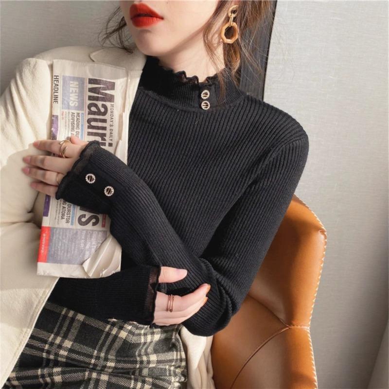 White Knitted Bottoming Shirt Women's Spring Autumn and Winter Fashion Inner Lace Semi-turtleneck Sweater Versatile Slim Top