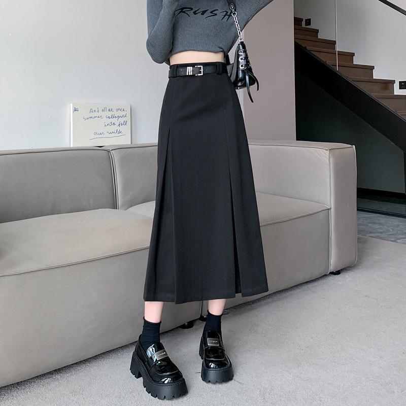 

Autumn Winter Woolen Skirts Women Solid High Waist Pleated Simplicity Fashion Casual A-line Mid-length Straight Hip Wrap Skirt S чорний