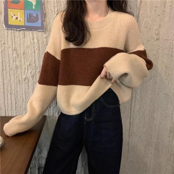 Women's Versatile Striped Color Block Round Neck Sweater - Slimming Long Sleeve Knit Top for Autumn & Winter