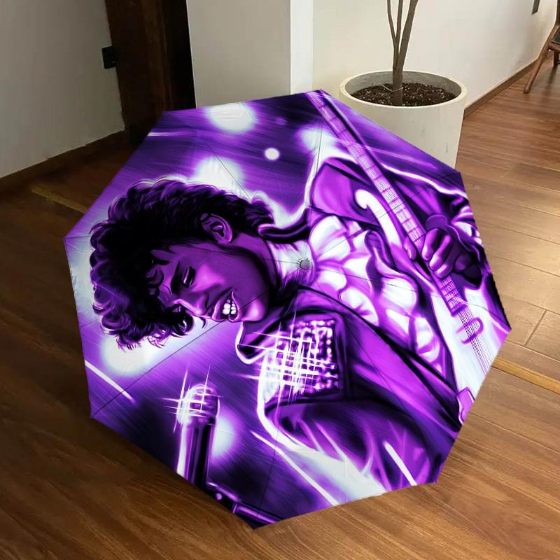 1pc Purple Guitarist Prince Automatic Folding Umbrella, Portable Collapsible Design, Casual Outdoor Accessory L1202026