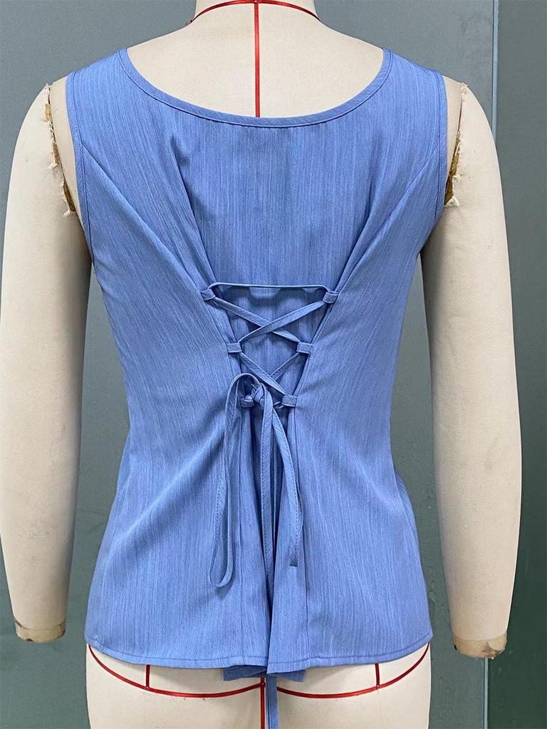 European & American Summer 2025 Sleeveless Drawstring Camisole - French Slim Pullover Vest for Women