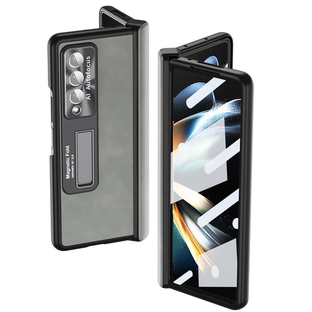 Fashion Front Glass Protector Leather Case For Samsung Galaxy Z Fold4 Zfold4 Fold 3 Fold3 Fold 4 Comfortable Kickstand Cover