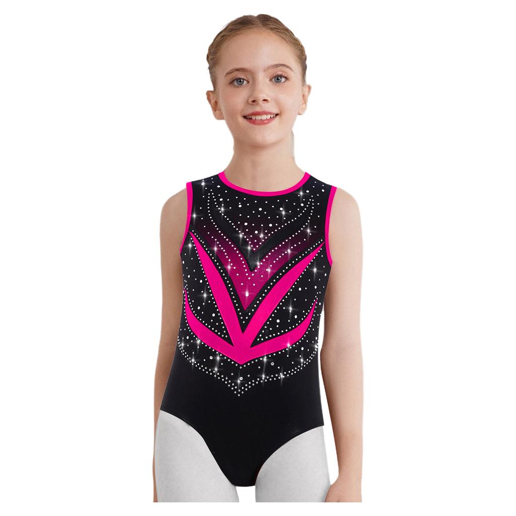Girls Gymnastics Leotard Sleeveless Crisscross Cutout Back with Mesh Patchwork Shiny Rhinestones Bodysuit