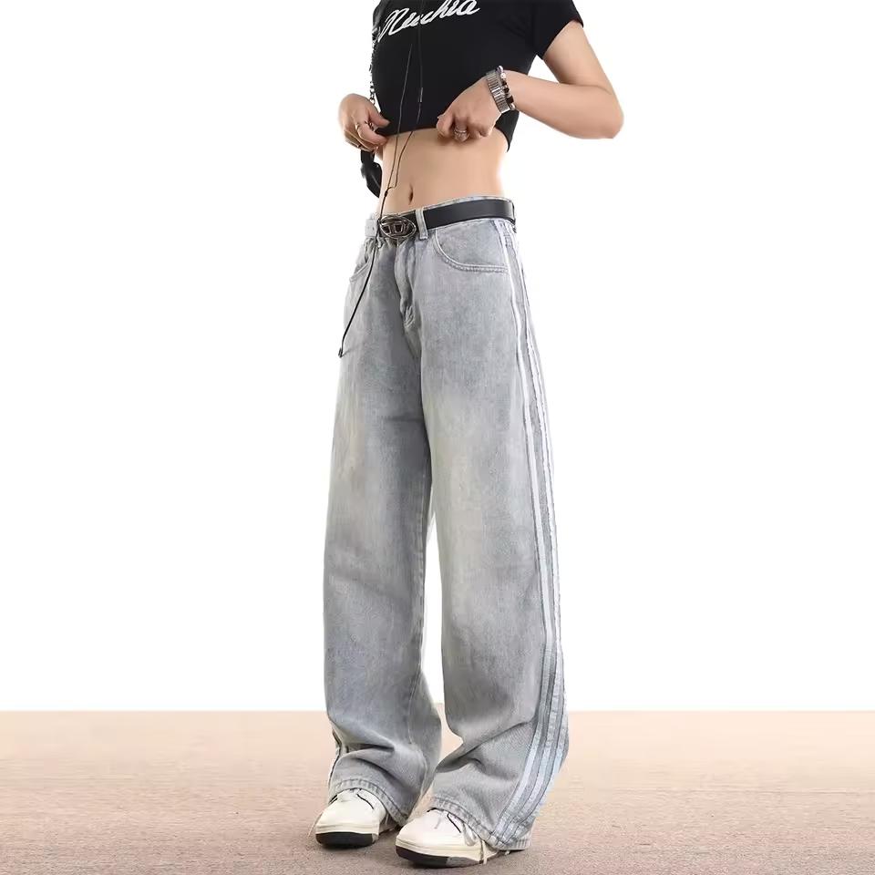 

Ретро Полосатые Джинсы Женские Свободные Американские Прямые Брюки Бренд Прилив Повседневная Одежда M синий