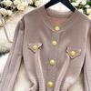 Autumn Winter High Waist Knitted Umbrella A-line Dresses 2025 New Buttons O-neck Long Sleeve Loose Sweater Dress Female