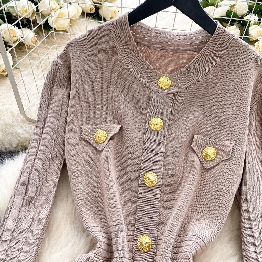 Autumn Winter High Waist Knitted Umbrella A-line Dresses 2025 New Buttons O-neck Long Sleeve Loose Sweater Dress Female