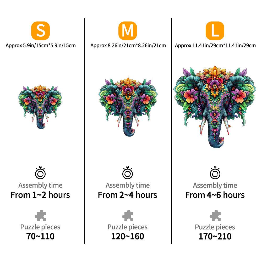 Elephant With Flowers Wooden Puzzle Irregular Small Animal Pieces Flat Wooden Puzzle