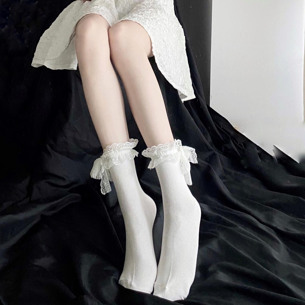Lolita lace trim short mid-calf socks for women, solid color, thin summer style lolita Cute and versatile for soft girls