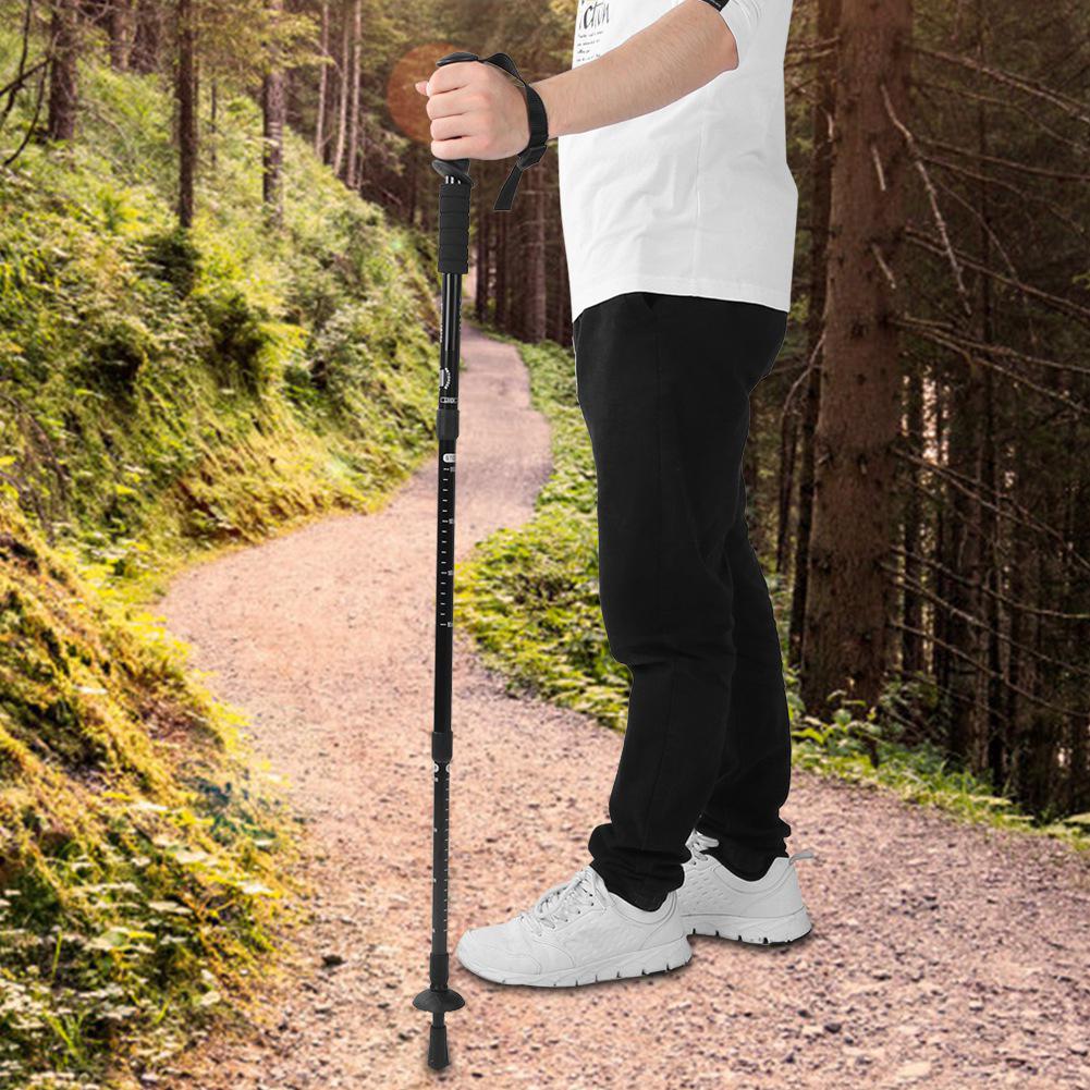 Outdoor Travel Four Section Straight Handled Trekking Pole Hiking Mountaineering Walking Stick(Black )
