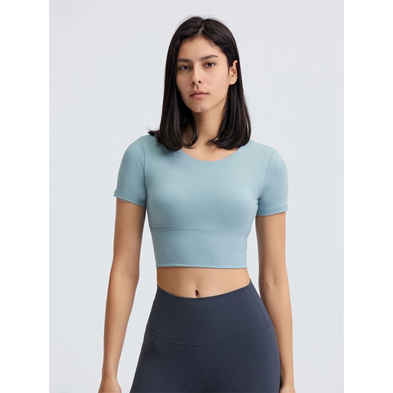 Original Open Back Yoga Jacket Short Sleeve Tight Sports T-shirt with Chest Pad Women's Quick-Drying Running Fitness Clothes Summer