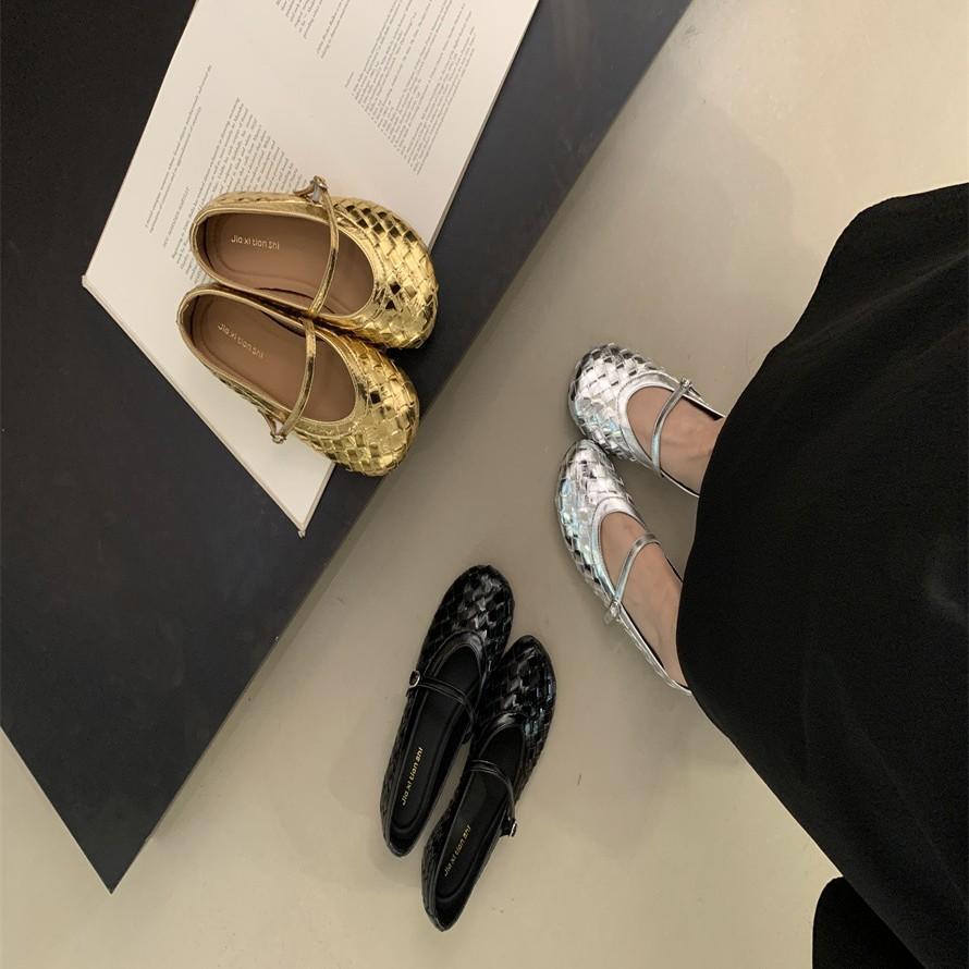 2025 summer new hand-woven Roman shoes square head shallow mouth soft sole word with flat bottom Mary Jane single shoes women