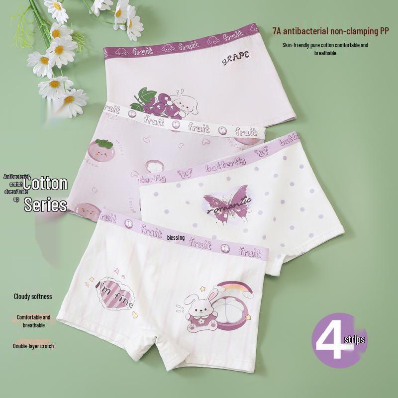 Girls' Pure Cotton Cartoon Boxer Shorts - Antibacterial, Flat Leg, No-Pinch Fit for Elementary and Middle School Kids