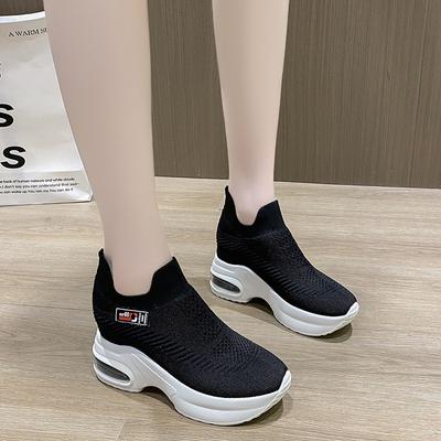 2025Women's Sneakers Spring Sequined Casual Shoes Women Platform Heels Wedges Height Increasing Knitted Ladies Vulcanized Shoes