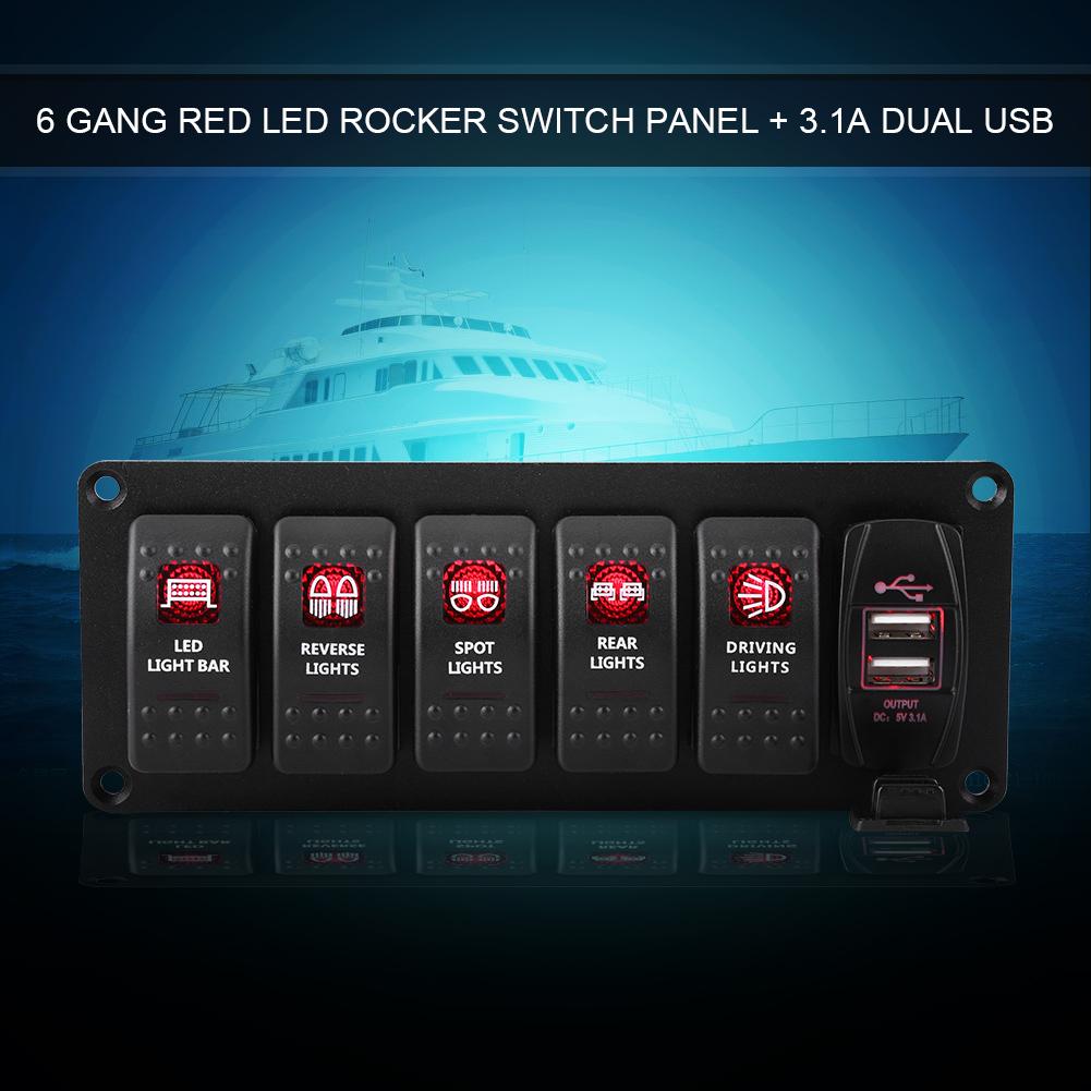 12V-24V 6 Gang Red LED Rocker Switch Panel with 3.1A Dual USB for Car RV Boat Yacht Marine
