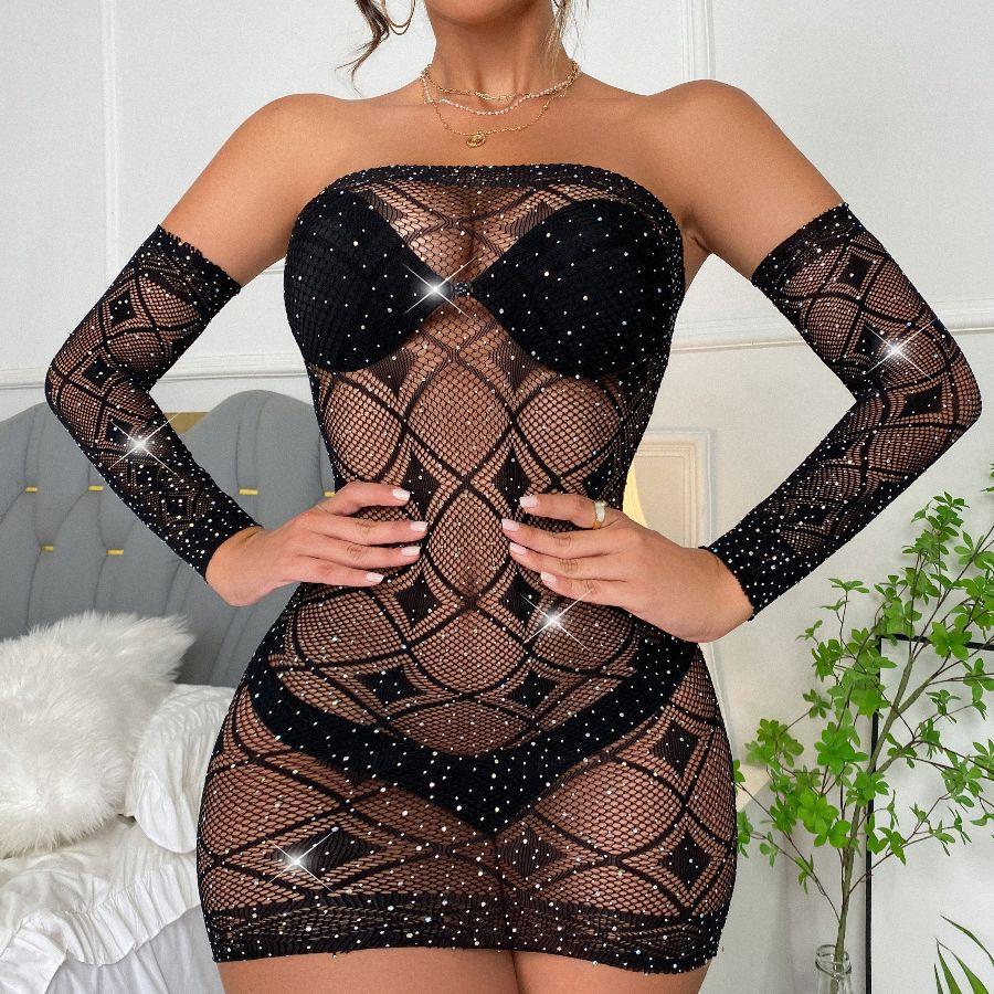 TZ130 European and American hot diamond sex underwear shiny gypsy diamond hip skirt sleeves net coat