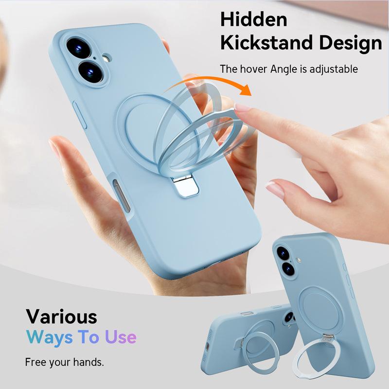 Suitable for Apple 16Pro solid color mobile phone case, skin-friendly iPhone16e mobile phone case, liquid silicone magnetic suction bracket.
