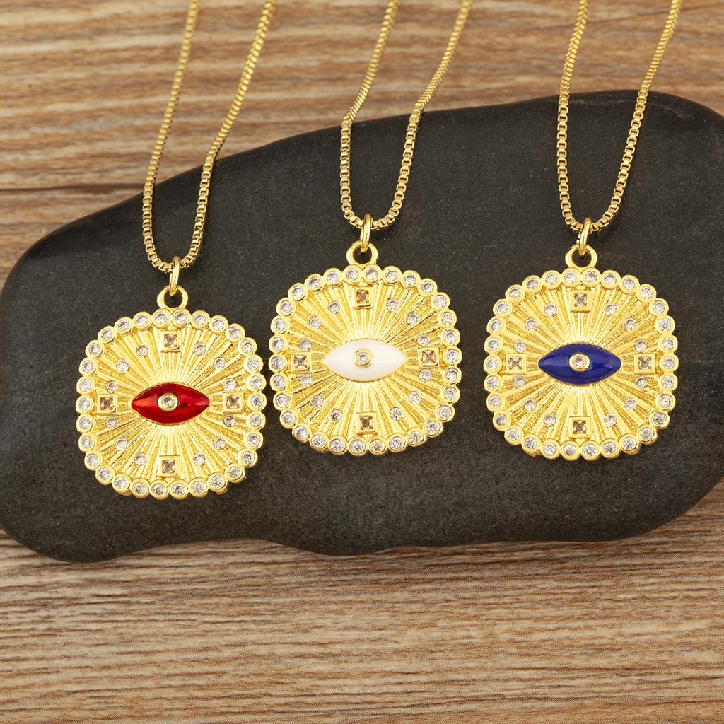Nidin New Trendy Square Shape Evil Eye Charm Pendant Necklace For Women Men Copper Shiny Crystal Zircon Clavicle Chain Jewelry