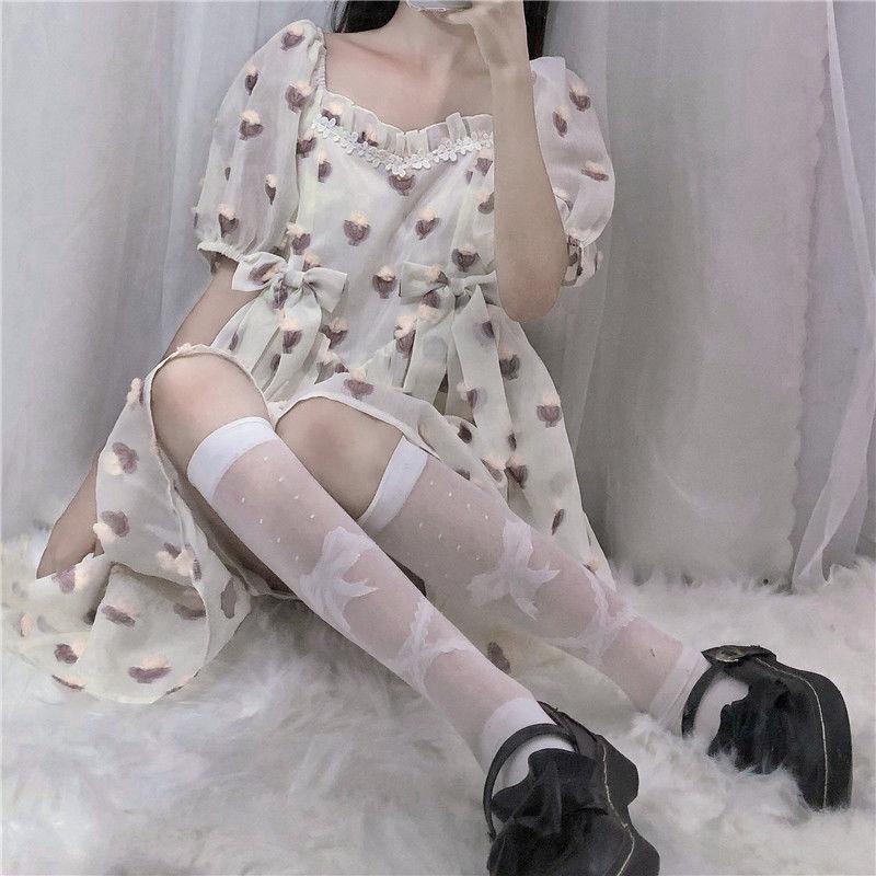 Sweet Bowknot Jacquard Lolita Knee High White Silk Socks for Women | JK Style Spring-Summer Thin Calf Stockings
