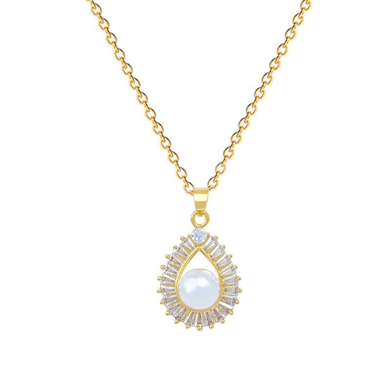 Court Feng Shui Drop Pearl Light Luxury Temperament Gorgeous Full Diamond Necklace Female Versatile Collarbone Titanium Steel Chain