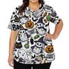 Women's V-Neck Short Sleeve Scrub Top with Pockets Halloween Print Uniform for Work