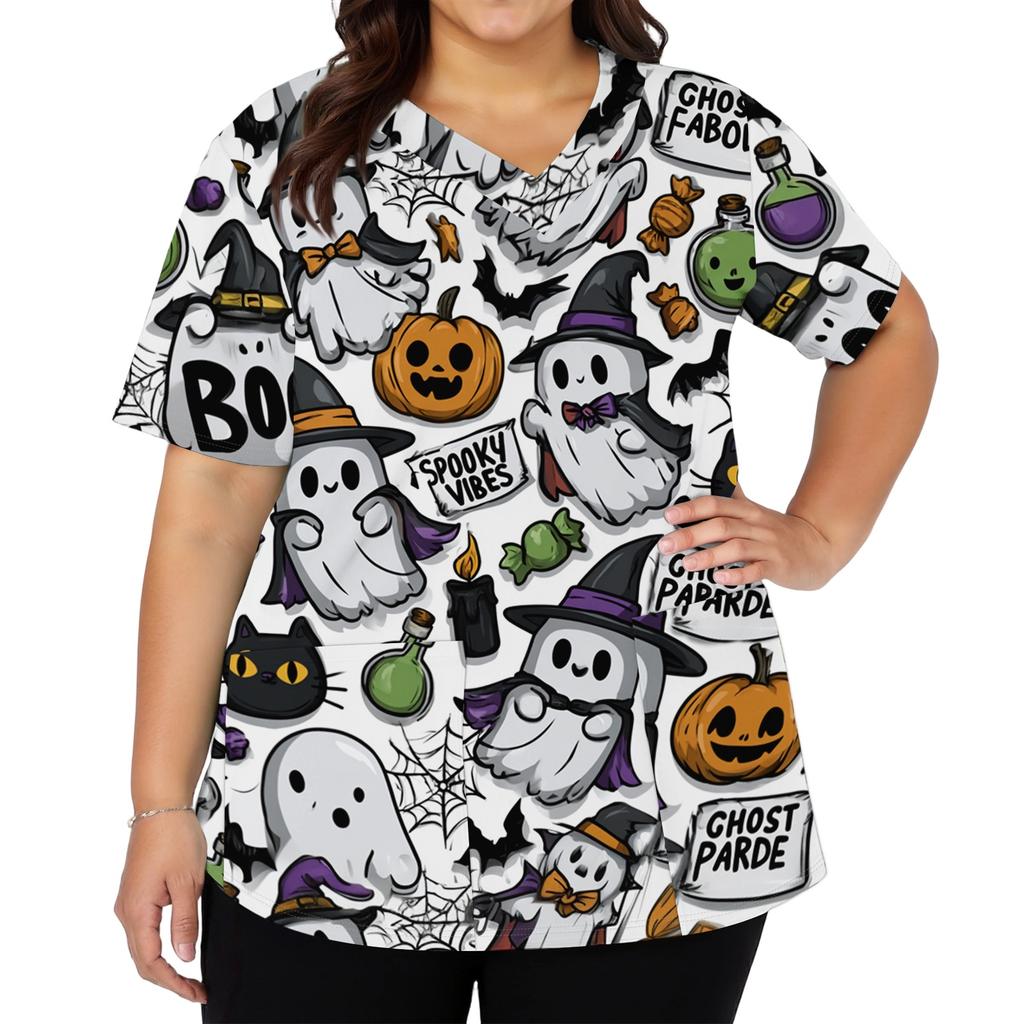 Women's V-Neck Short Sleeve Scrub Top with Pockets Halloween Print Uniform for Work