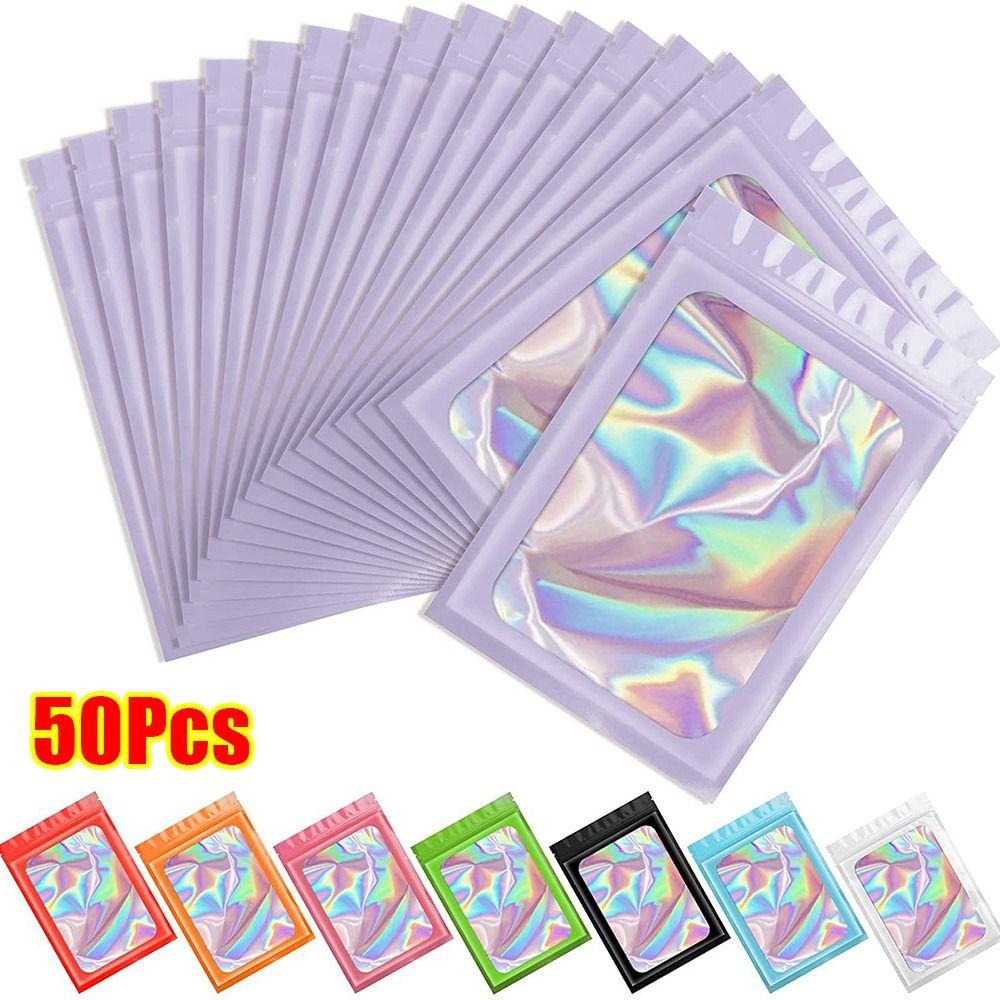 50Pcs Holographic Laser Color Ziplock Bag Resealable Plastic Zip Lock Bag Thick Smell Proof Packaging Pouch