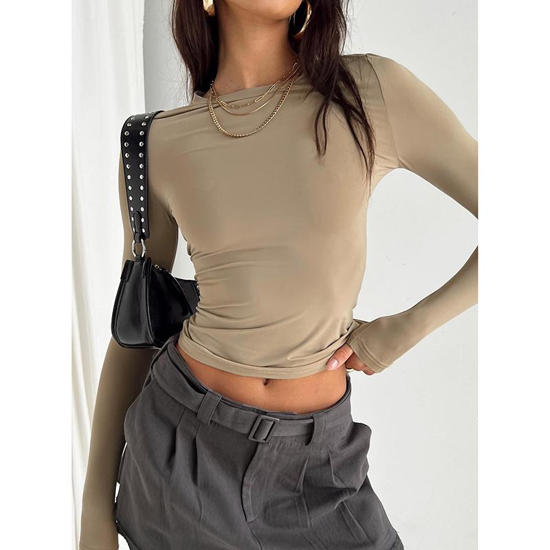 Women Casual Basic Shirts Long Sleeve Solid Slim Fit Crop Tops