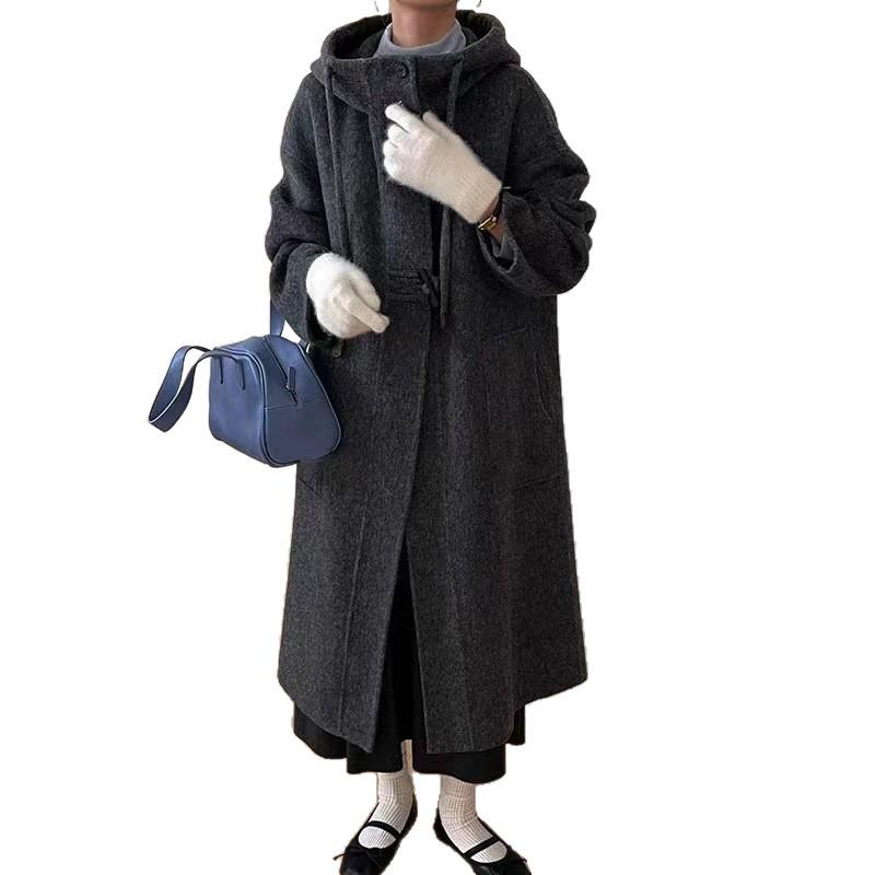 2025 Autumn/Winter Women's Loose Hooded Double-Sided Cashmere Coat with Horn Buttons