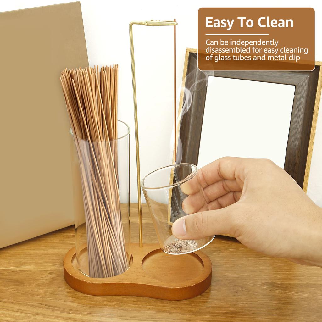 2in1 Wood Incense Holder Anti-Ash Flying Incense Burner with Removable Glass Ash Catcher Incense Sticks Organizer for Home Decor