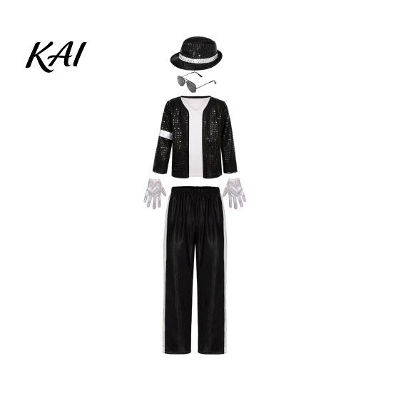 Giacca Lurex Riflettente Bambino Bambini Anni '80 '90 Costume da Esibizione, Giacca Nera, Top, Pantaloni, Cappello, Costume da Ballo Retrò per Occhiali, Guanti, 7