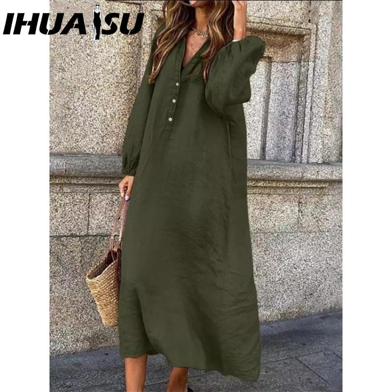 IHUASU Moda dama primavara toamna imprimeu culoare solida maneca lunga talie inalta rochii casual