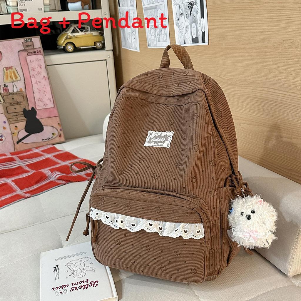 College Style Girl Small Backpack With Corduroy For Casual Travel And School Use