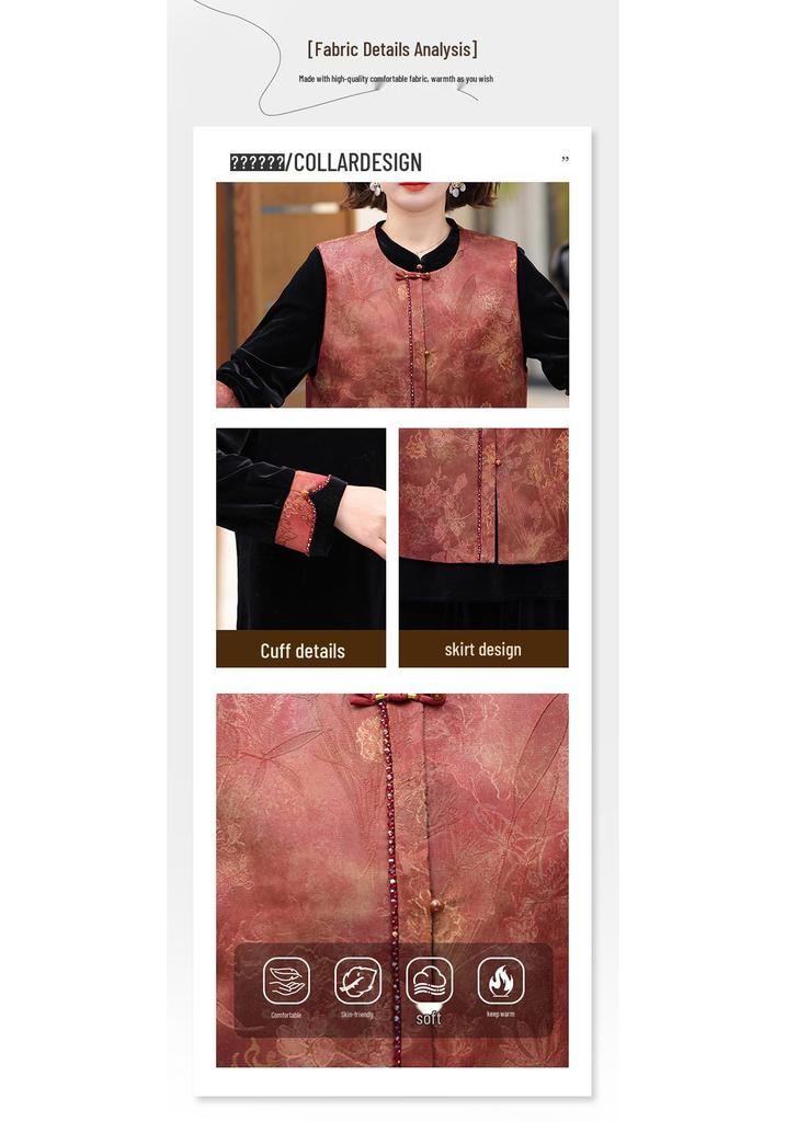 Mom's Gold Velvet Spring Suit: Elegant Three-Piece Chinese Style Set for Middle-aged & Elderly Women - 2026 Spring/Autumn Collection.