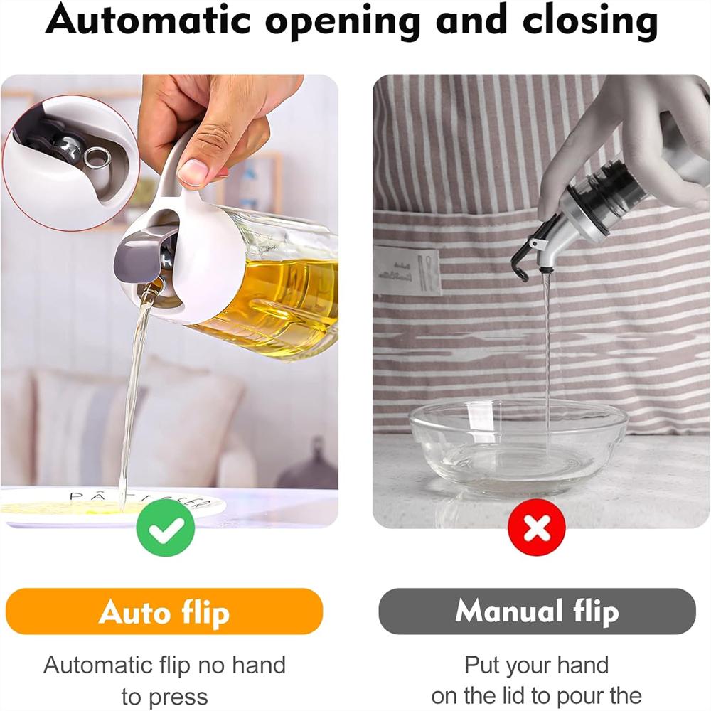 Oil Bottle Dispenser Glass Oil Sauce Bottle Dispenser for Kitchen Leakproof Glass Oil Bottle, 630ML 22OZ  Auto Flip Oil Bottle
