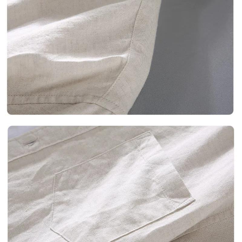 Cotton Linen Summer Shirt Japanese Style Men's Short Sleeve Shirt Beach Men Tops Square Pocket Blue Button Shirt Daily Causal Shirt