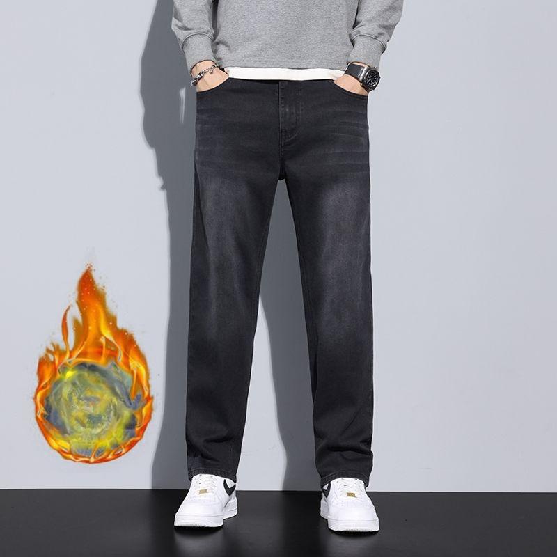Mens High Street Jeans Fashion Straight Leg Warm Autumn Winter Men Classic Casual Plush Jeans Male Srtetch Baggy Denim Trousers Daily Wear