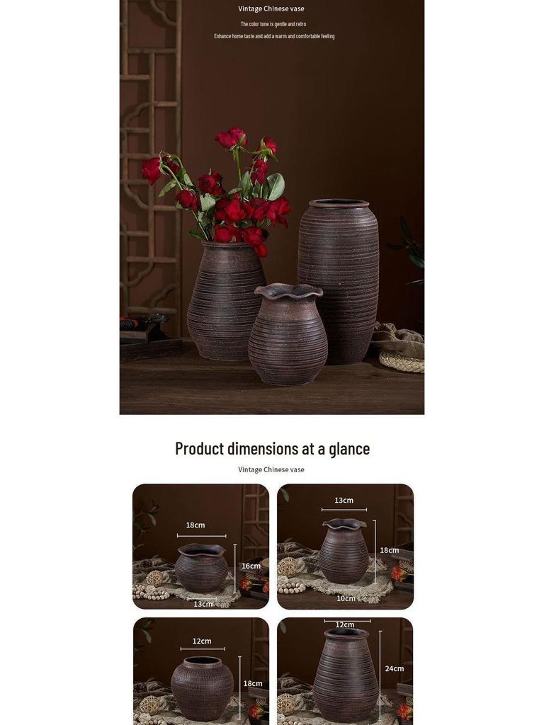 Zen-Style Rustic Pottery Vase for Dried Flowers and Succulents: New Chinese Retro Design