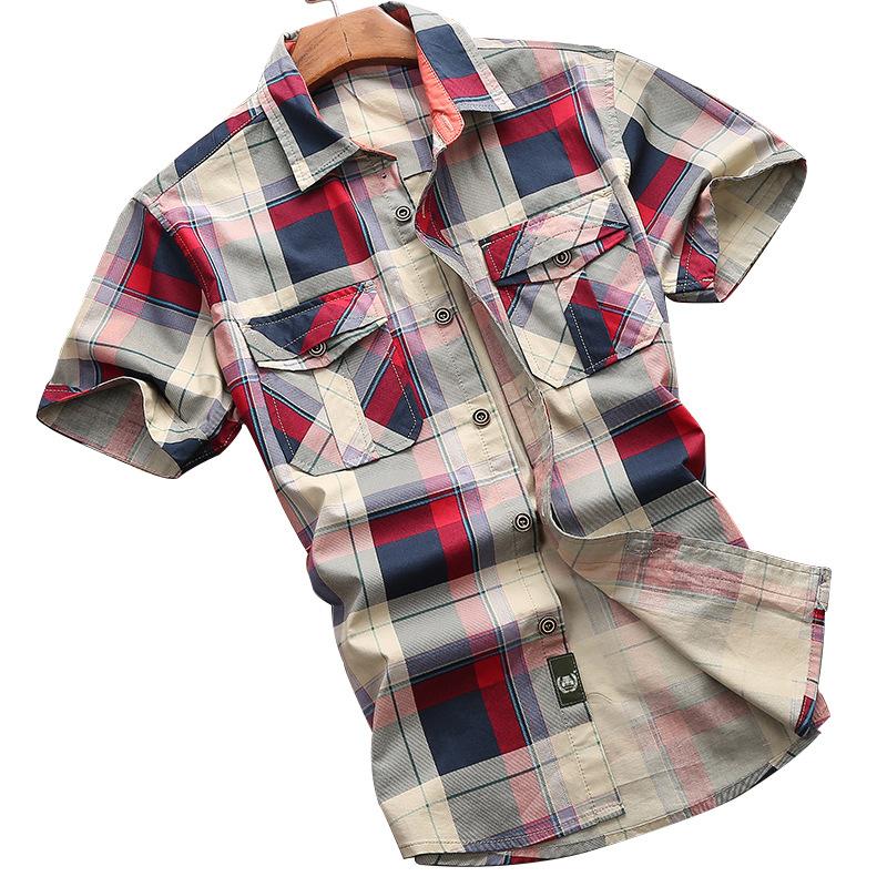 Summer Men's Shirt Short Sleeve Cotton Business Casual Half Sleeve Plaid Breathable Absorb Sweat T-shirt